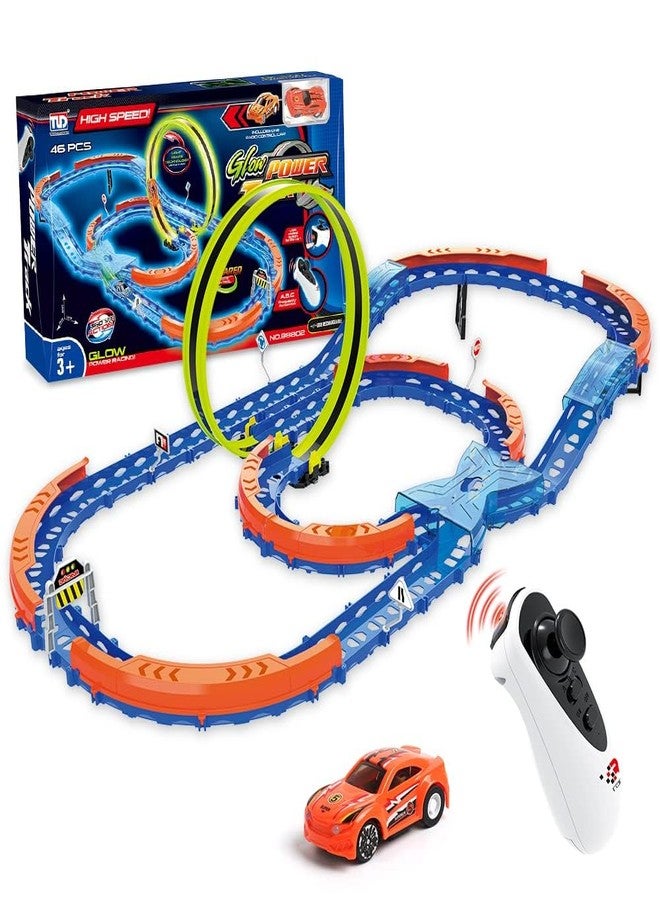 Avarin Race Car Track Set, Assembled Car Track Toys with 46 Pcs Building Kits, High Speed Glow Race Car Track Set with 360° Loop X-Type Crossing Track, Birthday for Kids 3+ (46 PCS) - Image 1